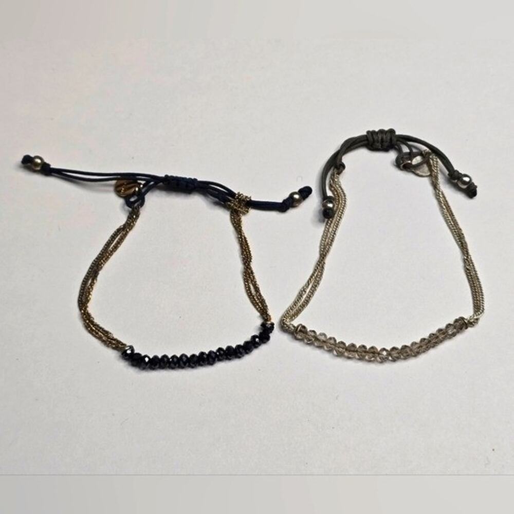 Stella & Dot Set of 2 Beaded Cord Multi Strand Adjustable Bracelets Navy Silver